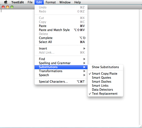 screen shot showing the edit menu in the text edit app and where text substitution can be enabled