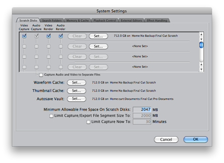 example of Final Cut Pro Scratch file preferences