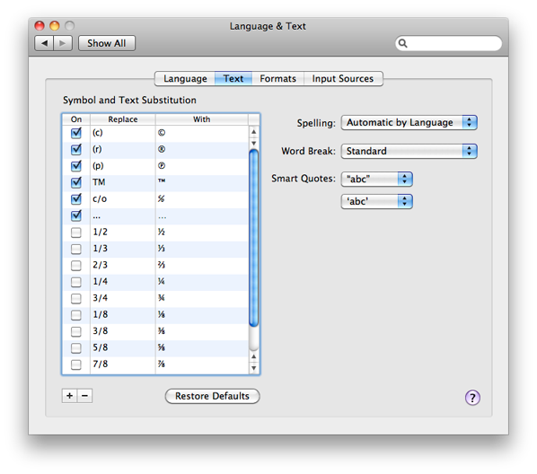 screen shot showing the Language & Text system preferences pane under the text tab
