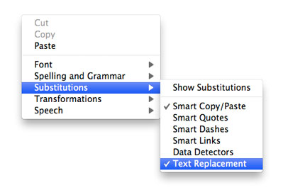 screen shot of context menu showing where text substitutions can be enabled