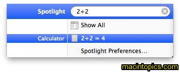 shows calculating 2+2 with the spotlight interface