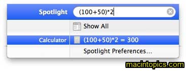 shows the evaluation of (100+50)*2 using the spotlight calculator