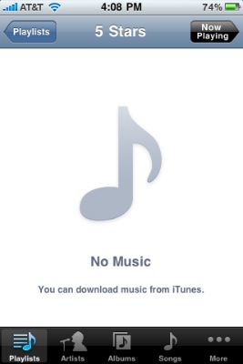 screenshot of iPhone display showing the No Music error message for a playlist