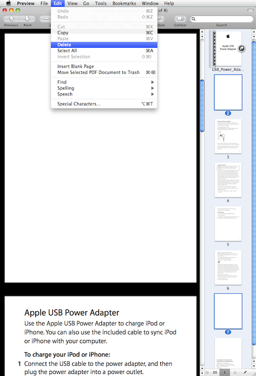 screenshot showing how to delete pages from a PDF document