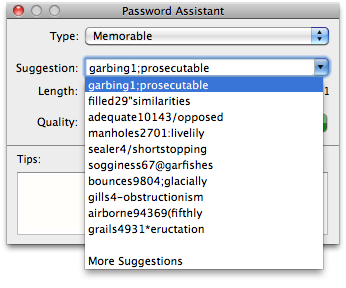 password assistant window showing strong generated passwords