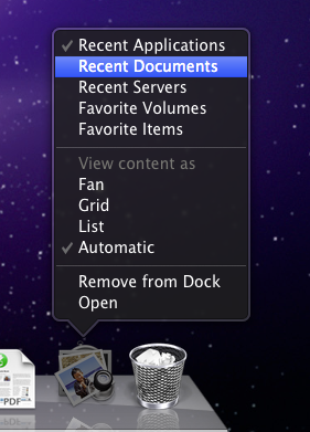 Mac OS X Dock stack context menu showing recent items choices